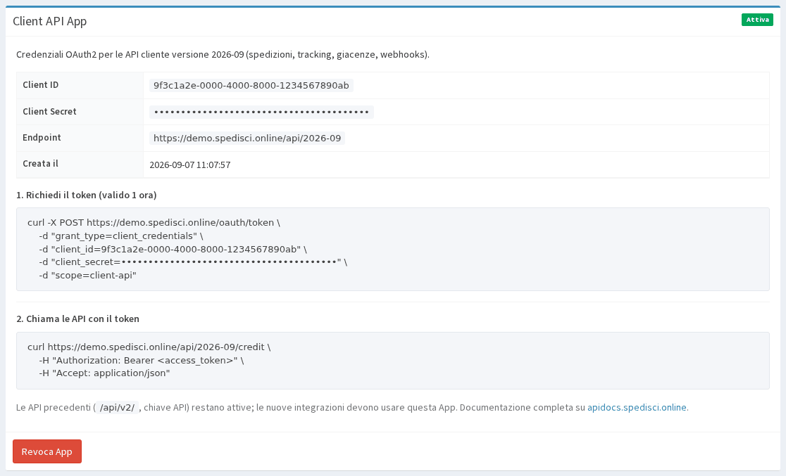 Pagina API App con Client ID, Client Secret ed Endpoint