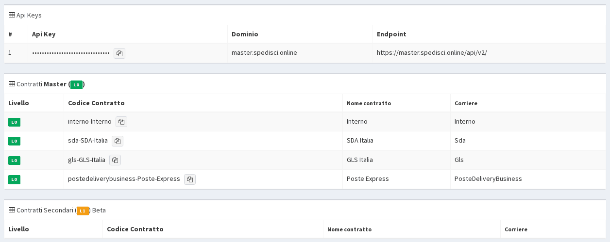 Dominio e codici dei contratti nella pagina Chiave API