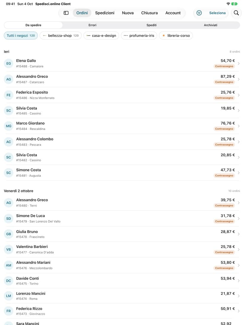 Spedisci Client su iPad: elenco degli ordini