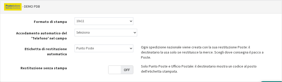 Riquadro del contratto Poste in Stampa e Notifiche