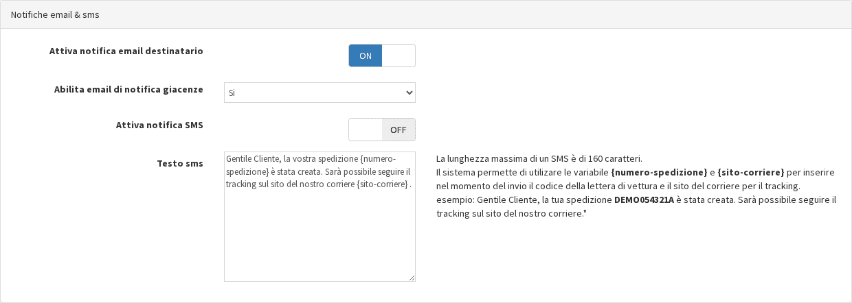 Riquadro Notifiche email e sms