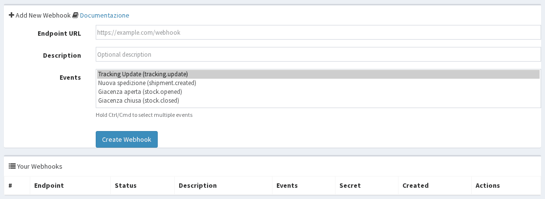 Pagina Webhooks: nuovo endpoint ed elenco