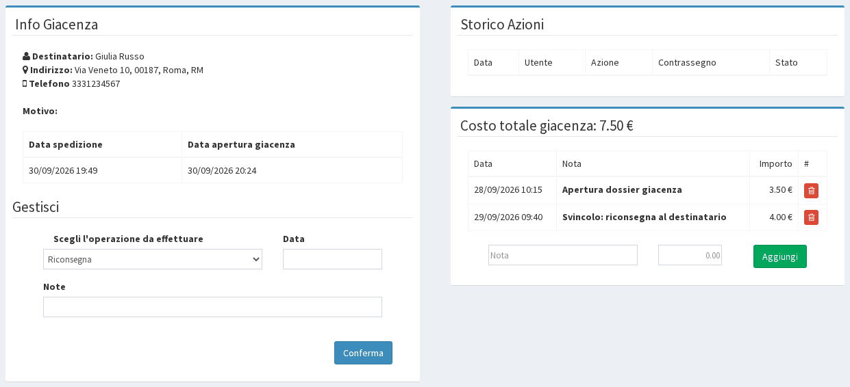 Pagina di una giacenza: informazioni, gestione, storico e costi