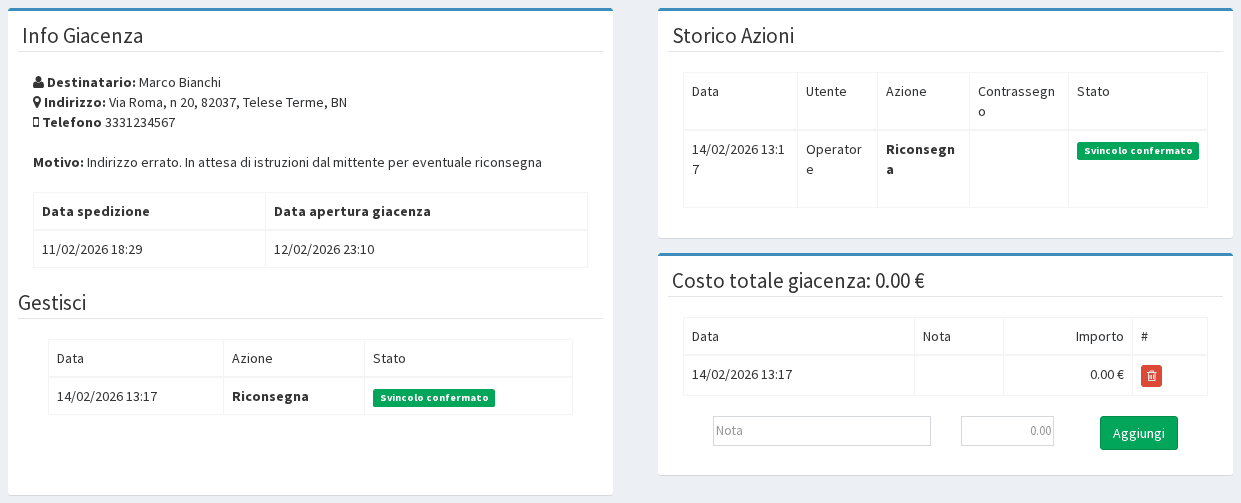 Giacenza con svincolo confermato