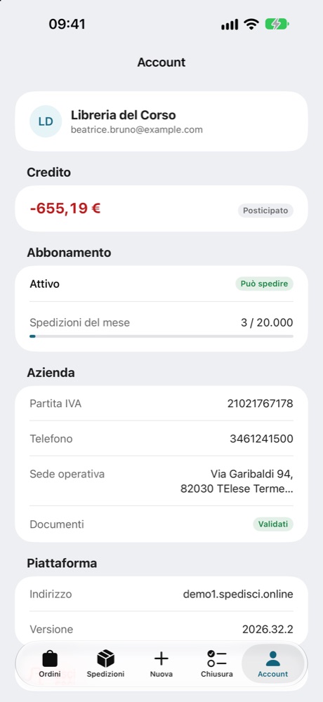 Account con credito, abbonamento e dati aziendali