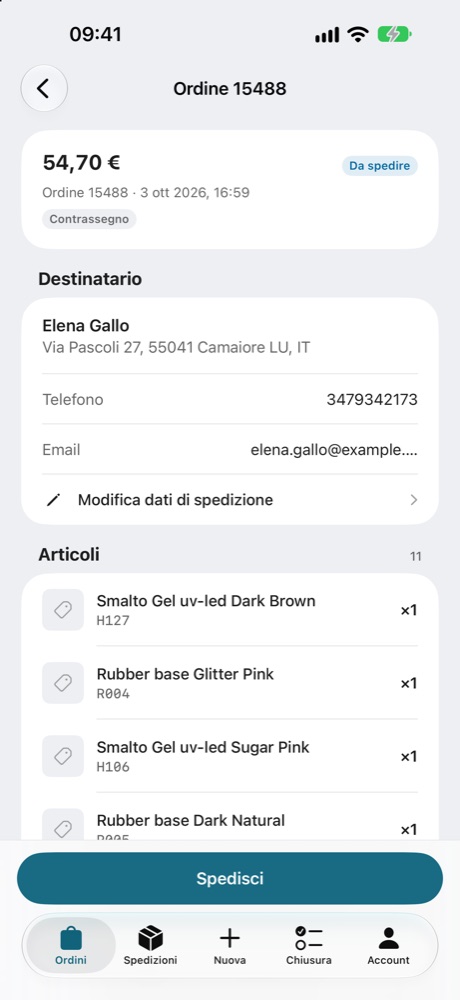 Dettaglio di un ordine con il pulsante Spedisci