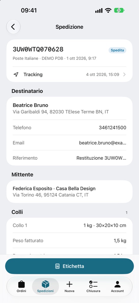 Dettaglio di una spedizione con tracking ed etichetta