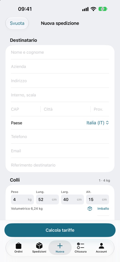 Modulo per una nuova spedizione