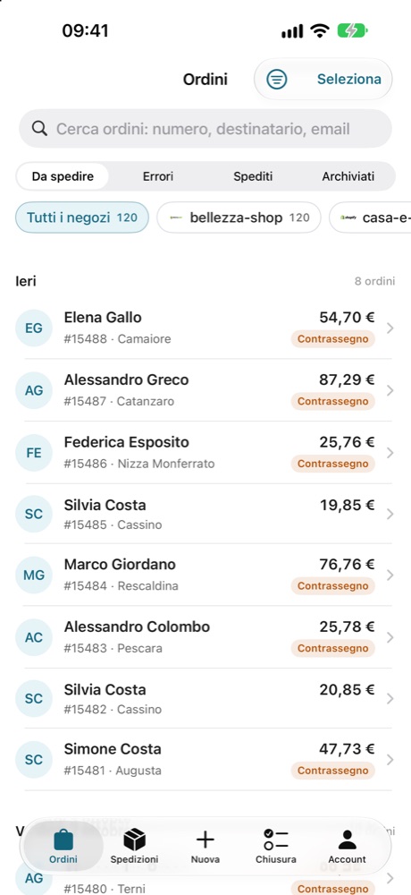 Elenco degli ordini divisi per stato e per negozio